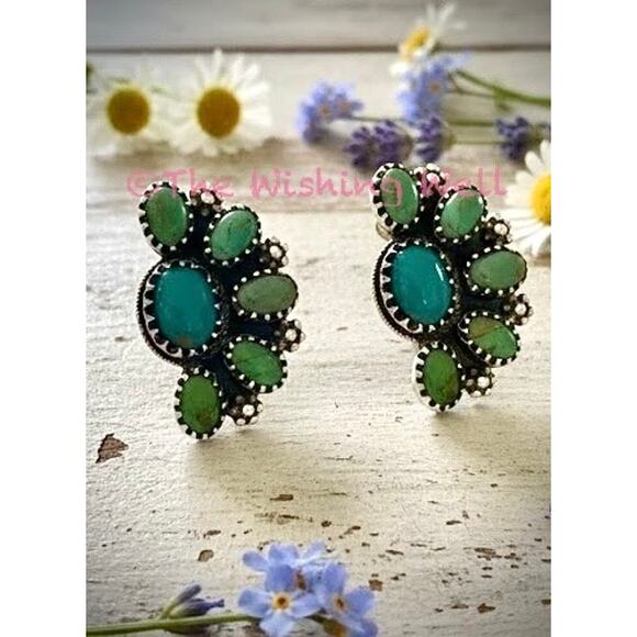 Kingman  Half Cluster Green & Blue  Turquoise
Sterling Silver Earrings - Picture 1 of 5